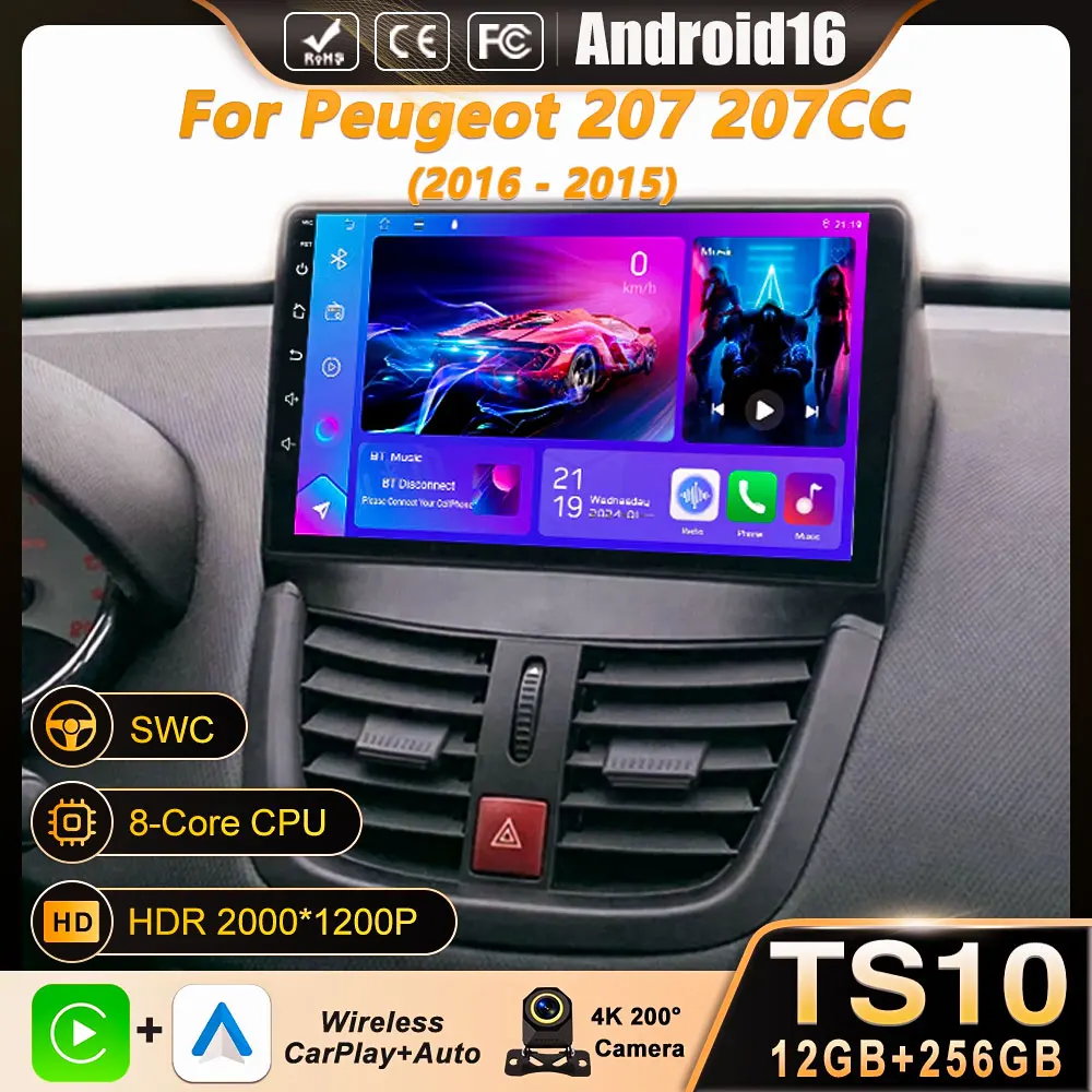 

Android 16 For Peugeot 207 207CC 2006-2015 Car Radio Multimedia Video Player 2 din Carplay Bluetooth Touch Screen 8 Core Wifi 4G
