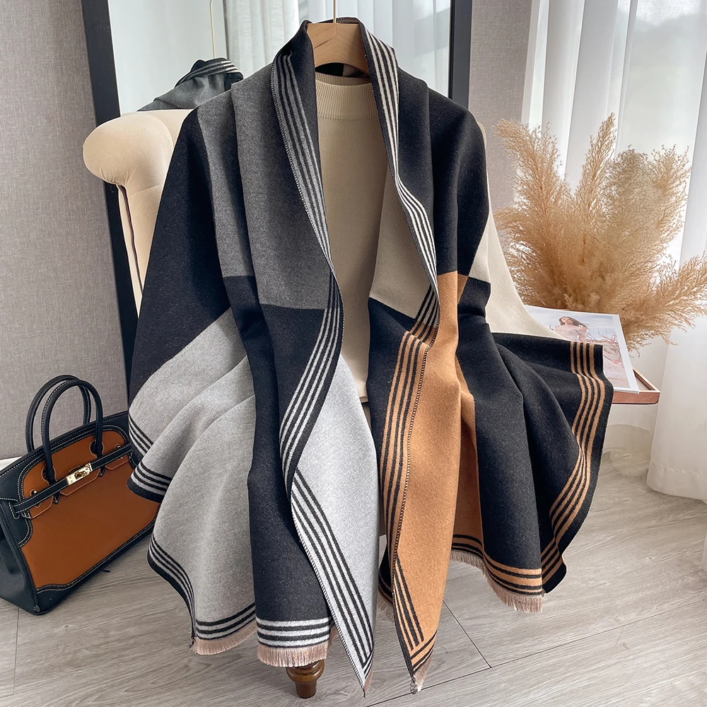 Winter women\'s geometric splicing faux cashmere scarf fall and winter thickened fashion warm and versatile scarf shawl