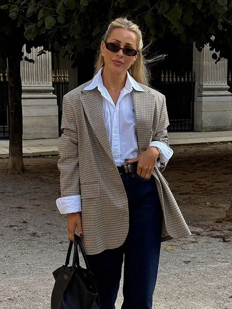 

HH Women's Spring Fashion Jackets Solid Plaid Turn-Down Collar Long Sleeves Pockets Single Breasted Female High Street Blazers