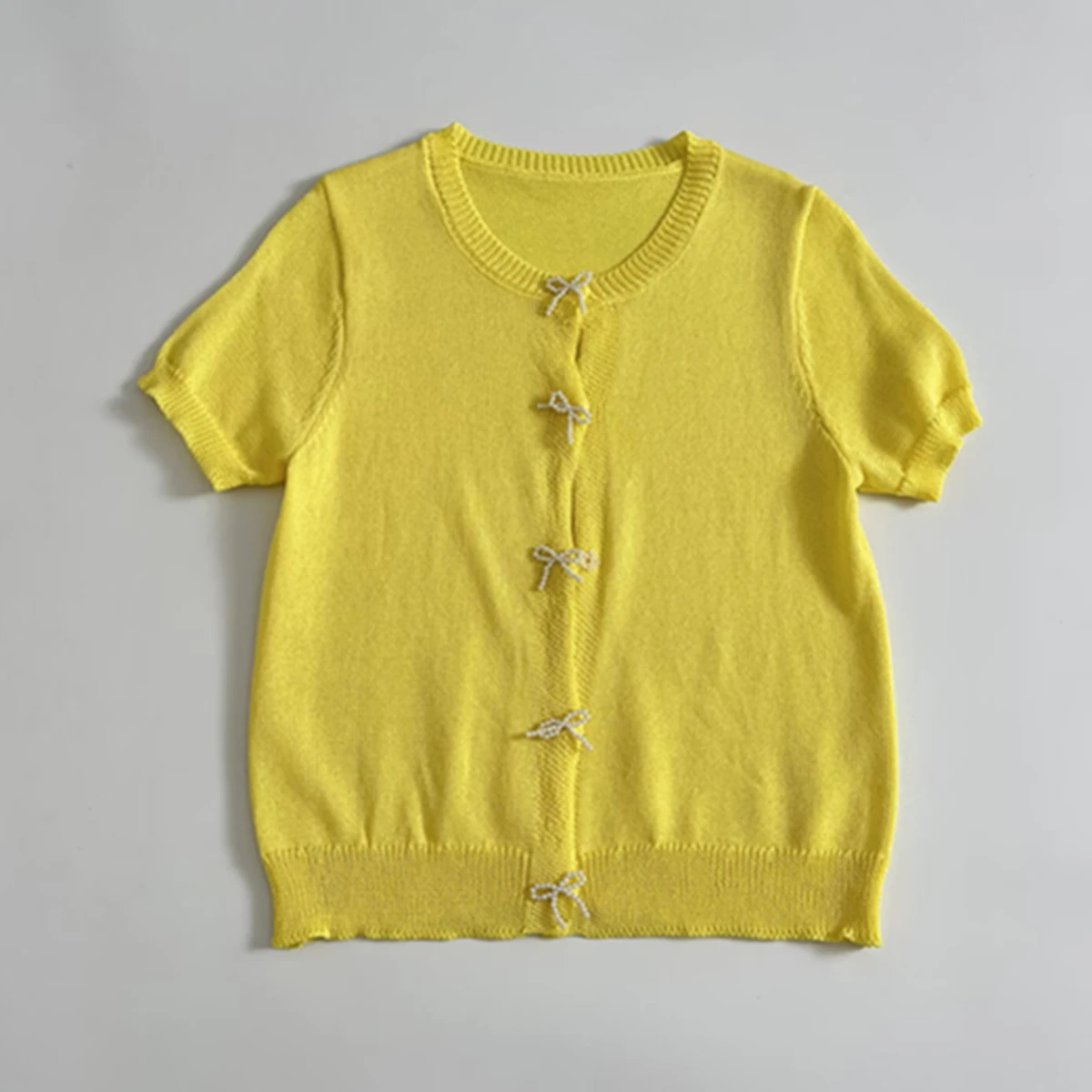

Dave&Di British Style Fashion Office Ladies Bow Button Yellow Short-sleeved T-shirt Summer Sweater For Women