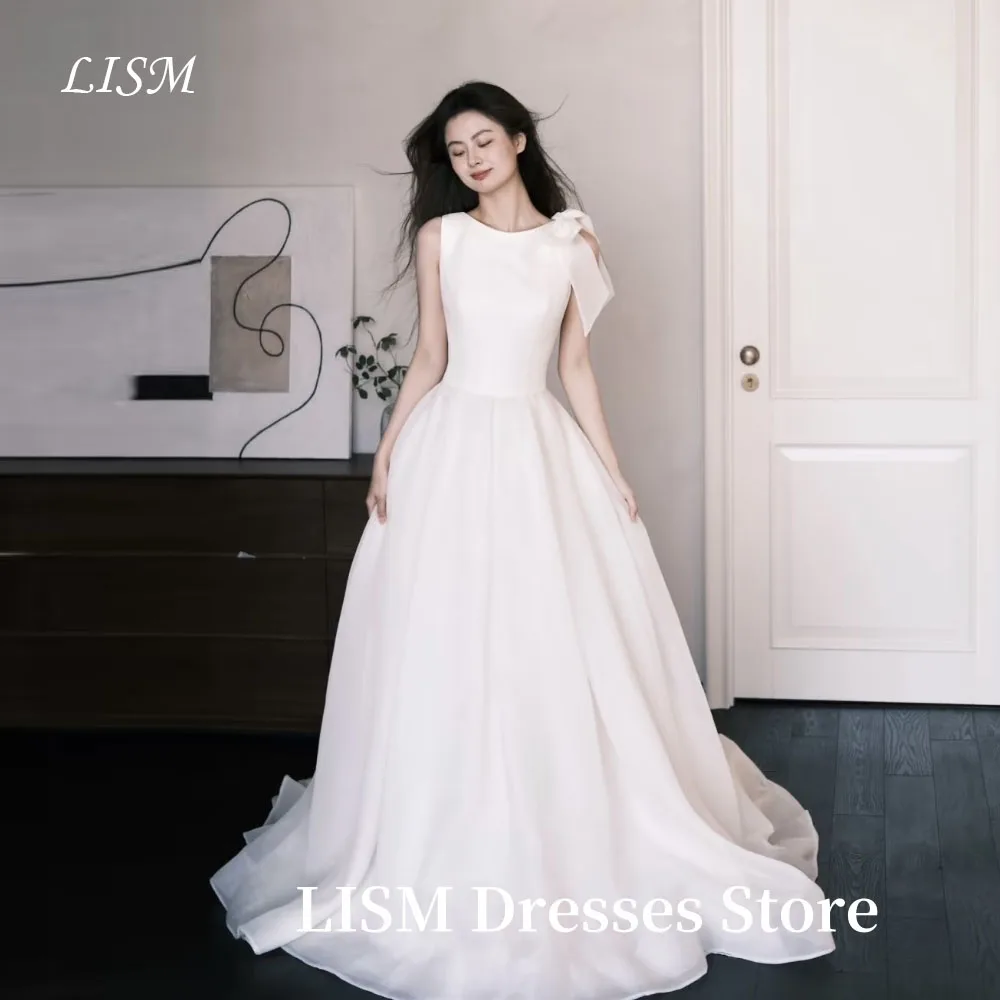

LISM Simple Bow A-Line Korea Wedding Dresses Photo Shoot Soft Chiffon O Neck Elegant Bridal Gowns웨딩드레스 Customized Corsets