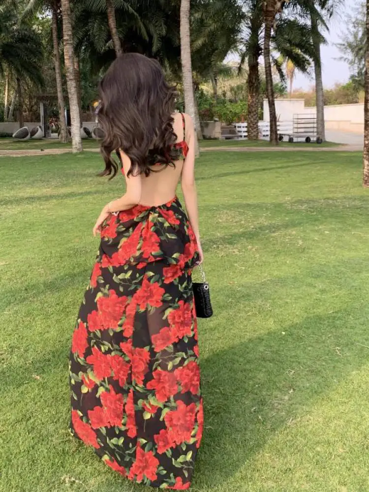 Summer Sleeveless Rose Floral Print Sexy Backless Dress For Women Boho  Beach Hollow Out Sundress Ladies Sweet Elegant Retro 2023 - AliExpress  200000345