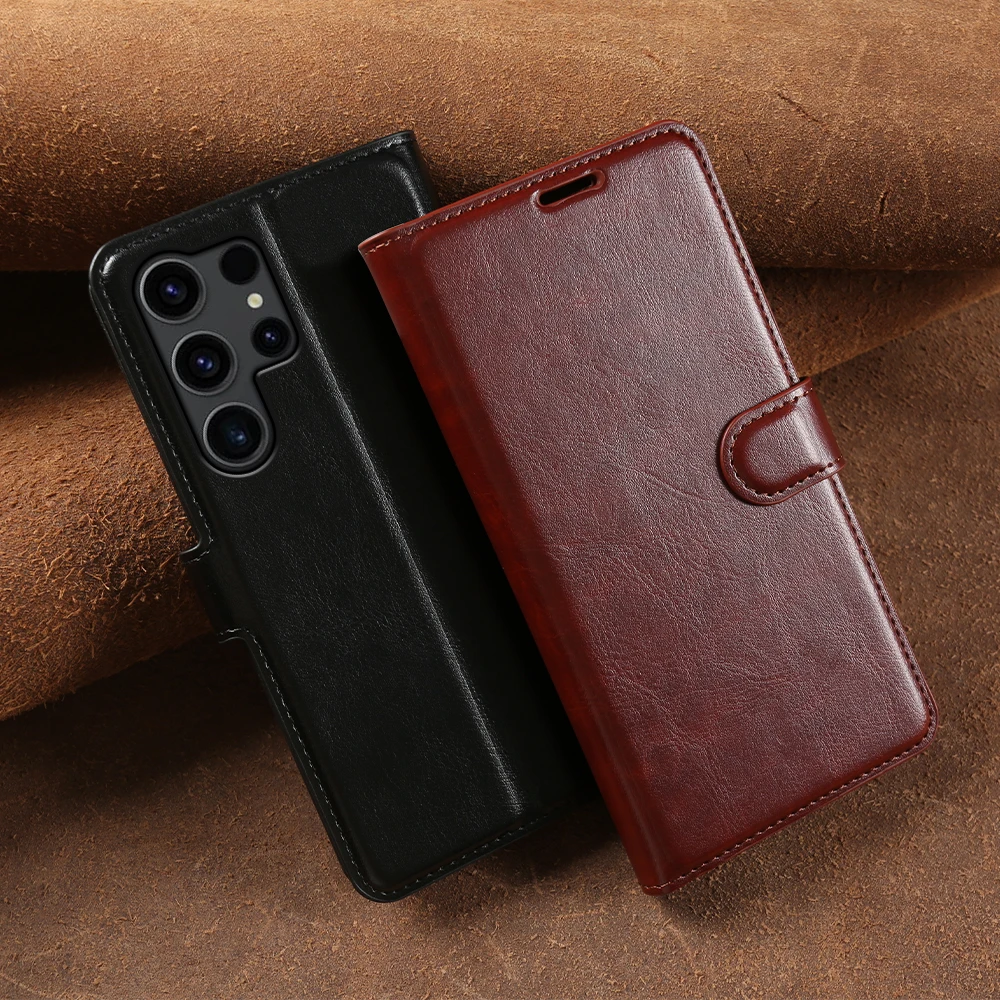 

Luxury Crazy Horse Leather Flip Case For Samsung Galaxy S26 Ultra S25 Plus S24 FE S23 S22 S21 S20 Phone Case Cover S 26 S26Ultra