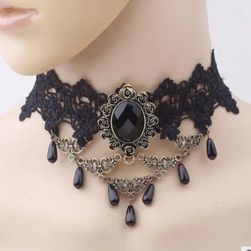 Vintage Gothic Black Lace Rhinestone Pendant Necklace For Women Ladies Elegant Sexy Choker Wedding Party Jewelry Y2K