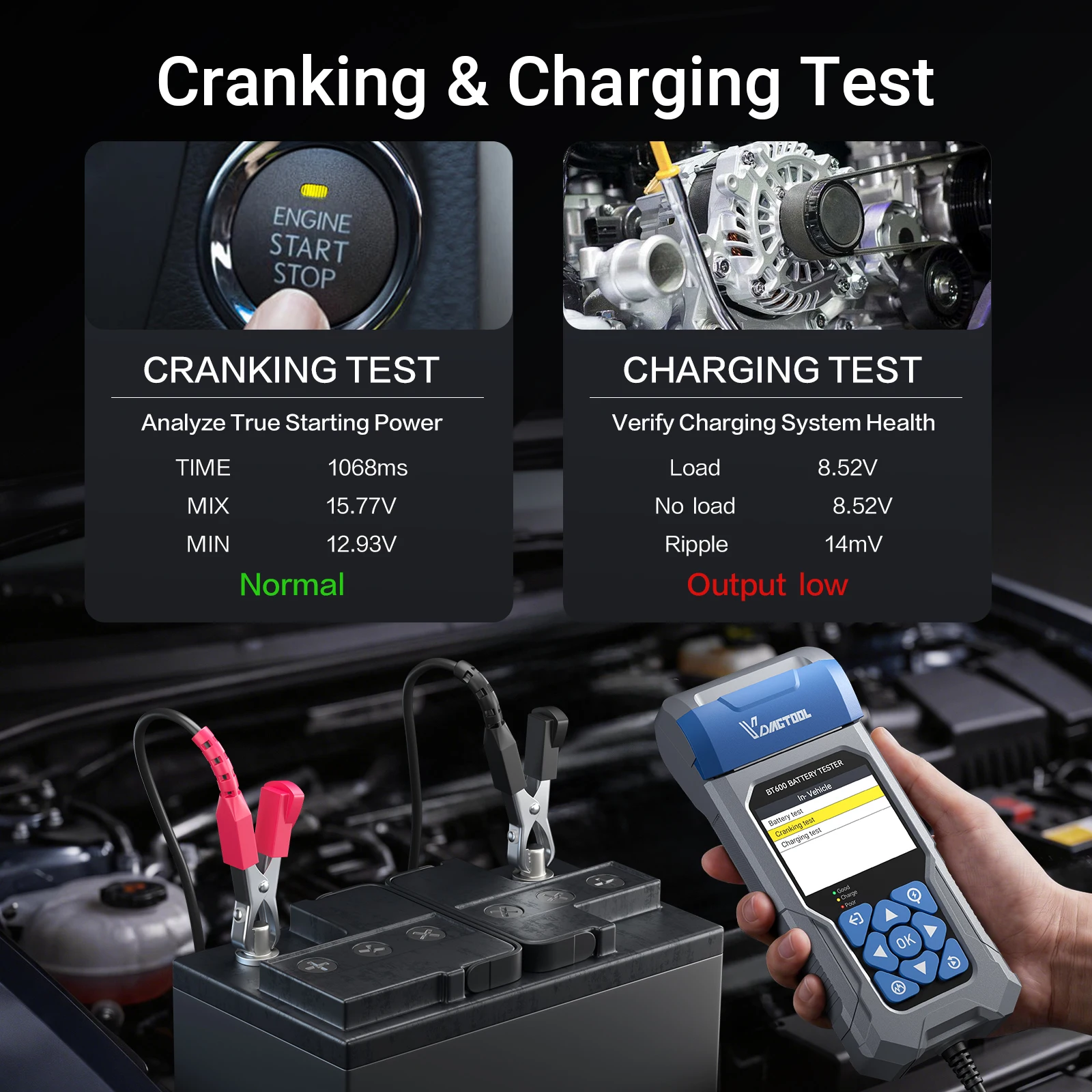 VDIAGTOOL BT600 Car Battery Tester with Printer Lithium Battery Alternator Tester 6-24V Auto Charging Cranking System Analyzer view 5