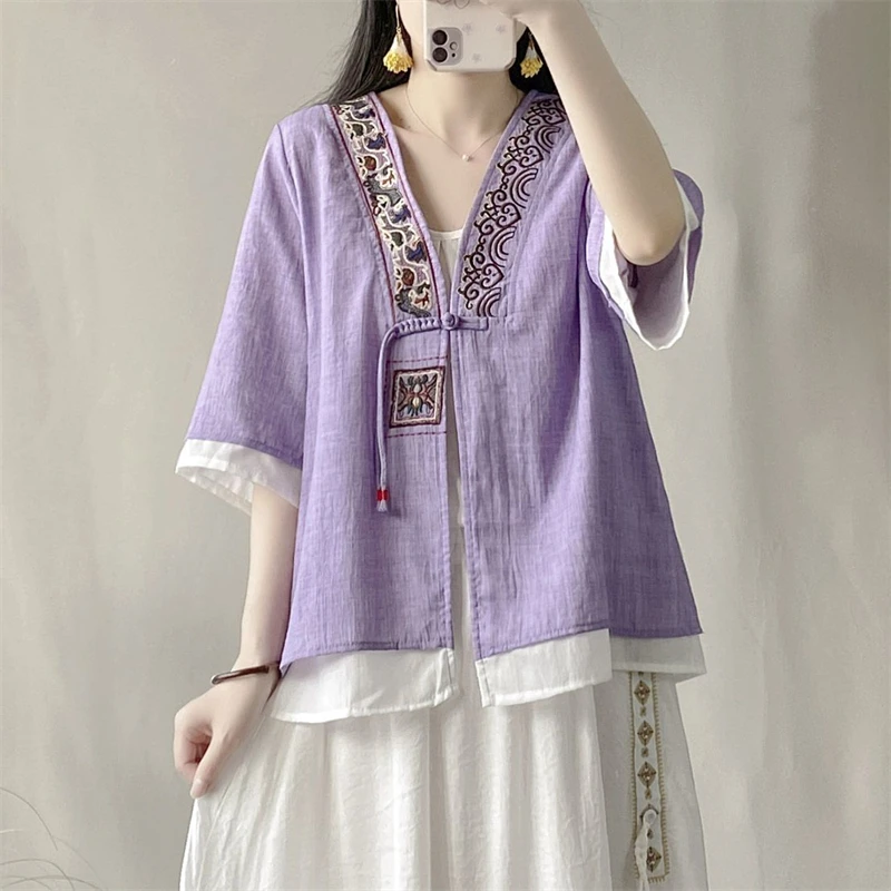 Women Vintage Chinese Ethnic Style Embroidery Patchwork Shirts V Neck Half Sleeve Cotton Linen Blouses Summer Female Loose Tops