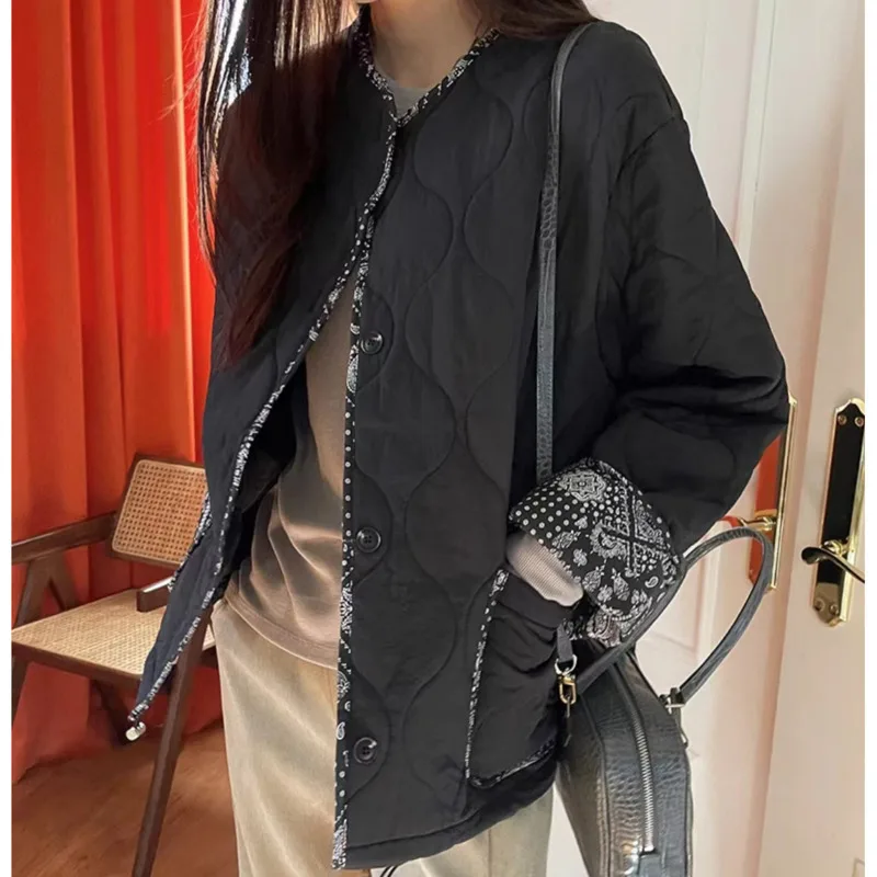 [EWQ] Korean Chic Spliced Print Design Cotton-padded Coat Long Sleeve Women Winter Outerwears 2024 Autumn New Fashion 16O3031