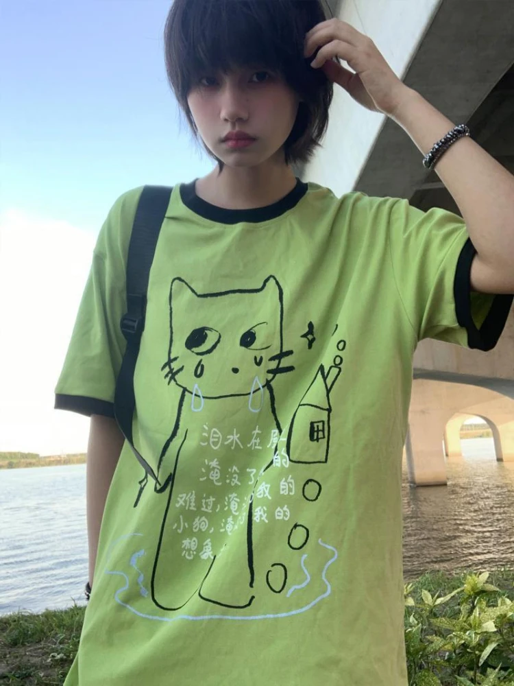 Y2k Aesthetics T-shirt Women Japanese Harajuku Grunge Cartoon Print Tops E-girl Fairycore Contrast Color Cute Graphic T Shirt