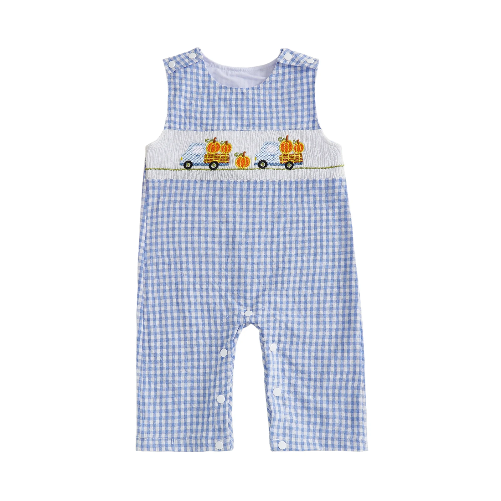 

Baby Boys Halloween Plaid Jumpsuit Sleeveless Crewneck Truck Pumpkin Embroidery Tank Romper