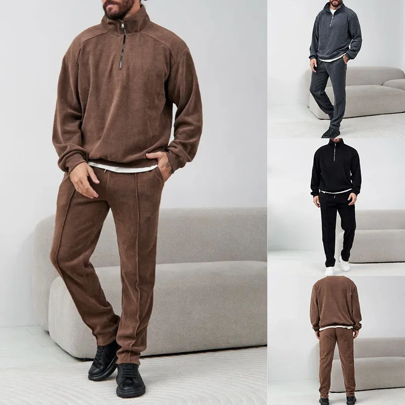 

2025 Cross-border European and American Hot-selling Stand-up Collar Half-zipper Corduroy Casual Sportswear Men Clothes