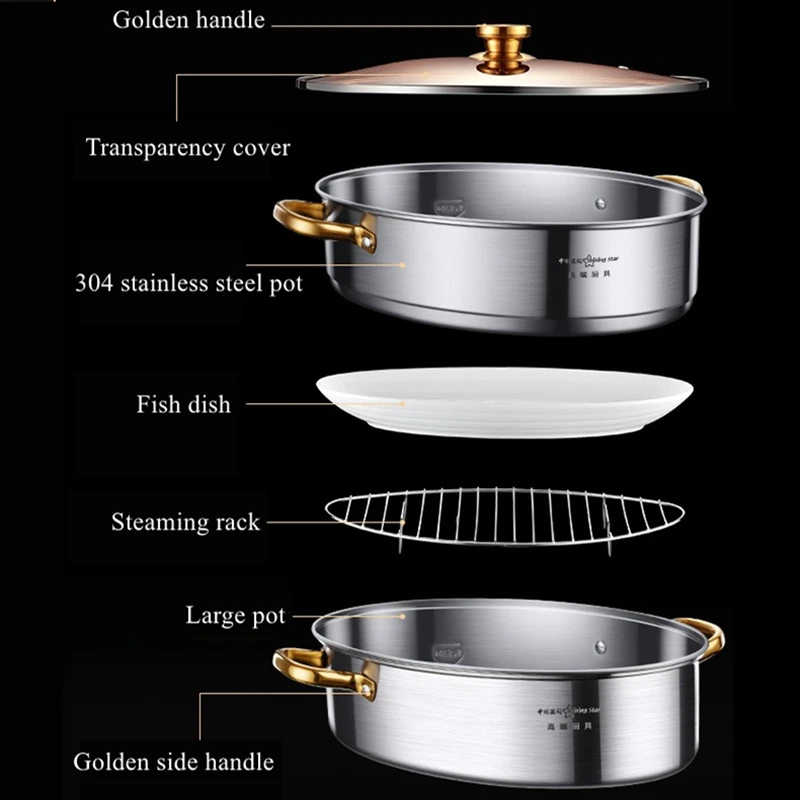 LFGB Certificate 304 Stainless Steel Fish Steamer 2 Layers 38cm Family Kitchen Steaming Pot Bolier with Transparency Cover