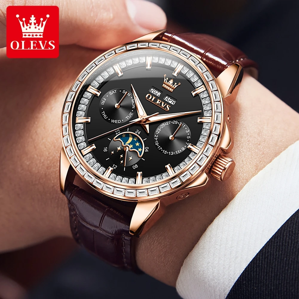 OLEVS Automatic Watch Luxury Business Leather Self Winding Mechanical Watches for Men Waterproof Wristwatches Relógio Masculino