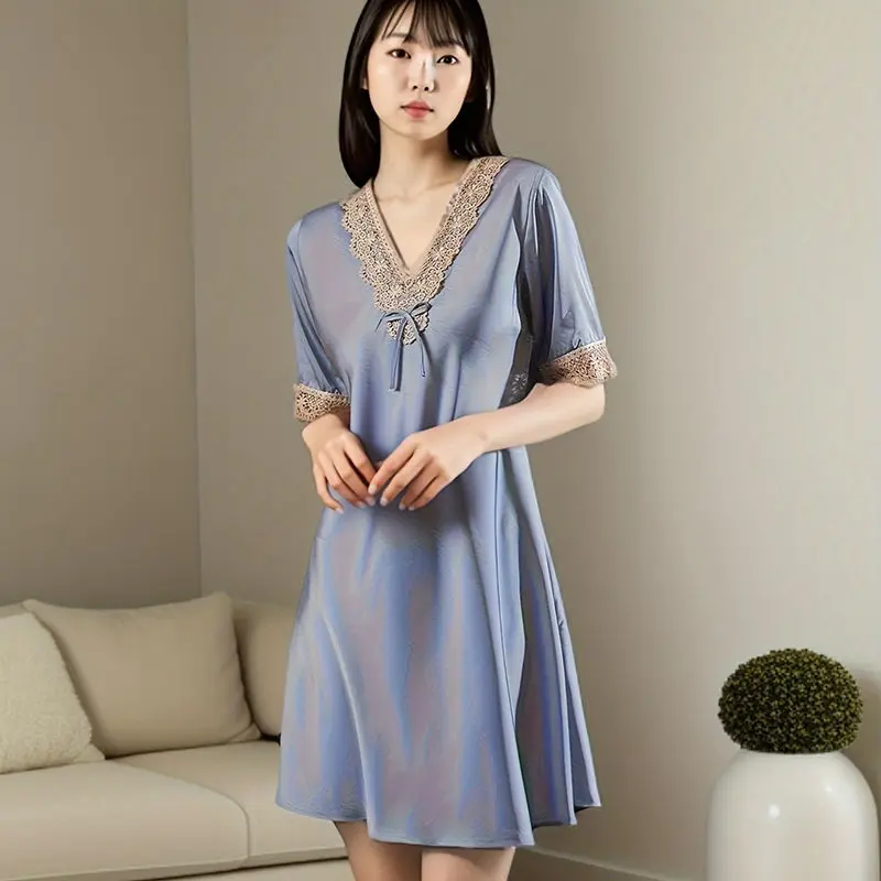 Sexy Nightgowns Women Lace Embroidery Short Sleeve Mini 4XL Solid French Style Tender Cozy Home Sleepwear Temperament Summer - Image 4