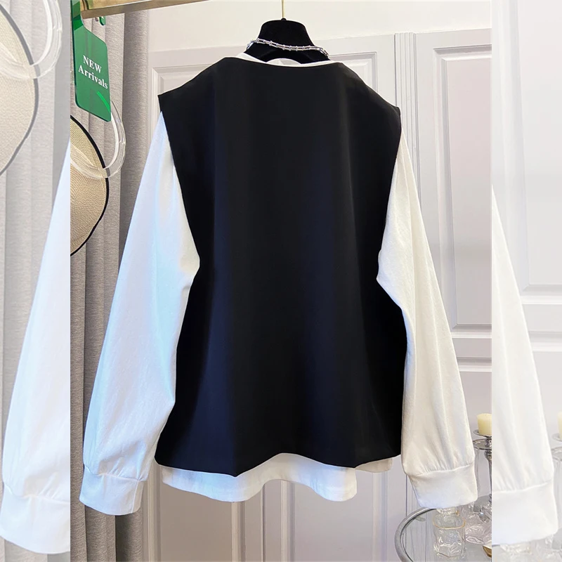SuperAen Spring New Women's Oversized Pullover White Long-sleeved T-shirt Design Loose-fitting Sleeveless Tops Sets view 3