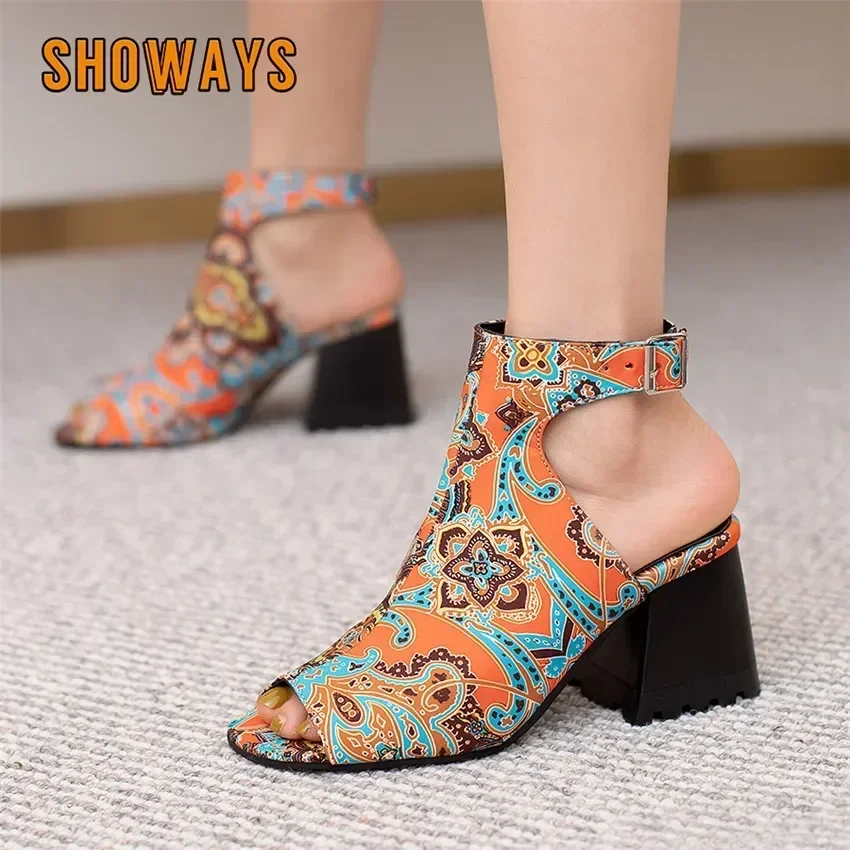 Summer Buckle Strap Sandals Women's Gladiator High Block Heels Red Blue Orange Flower Casual Party Lady Open Toe Slingback Shoes