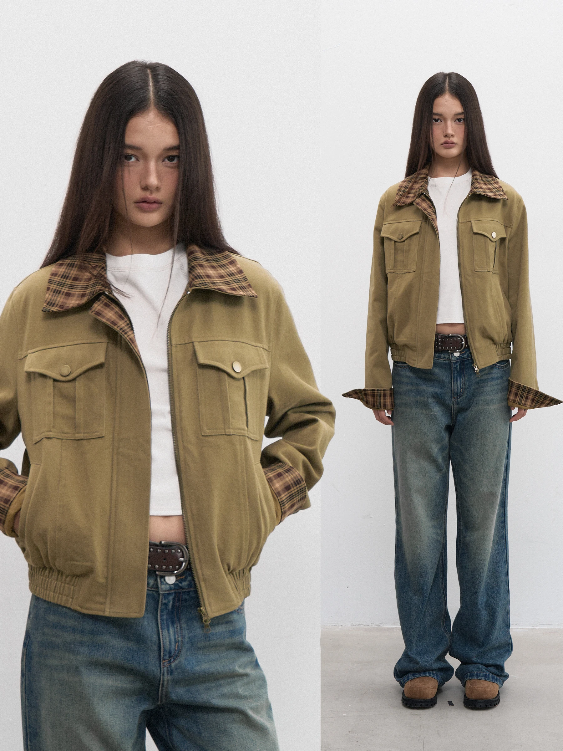 

Sweet Letter American Retro Plaid Patchwork Collar Jaet Loose ort Outerwear Long Sve Women's Clothing Faion Ladies' ...