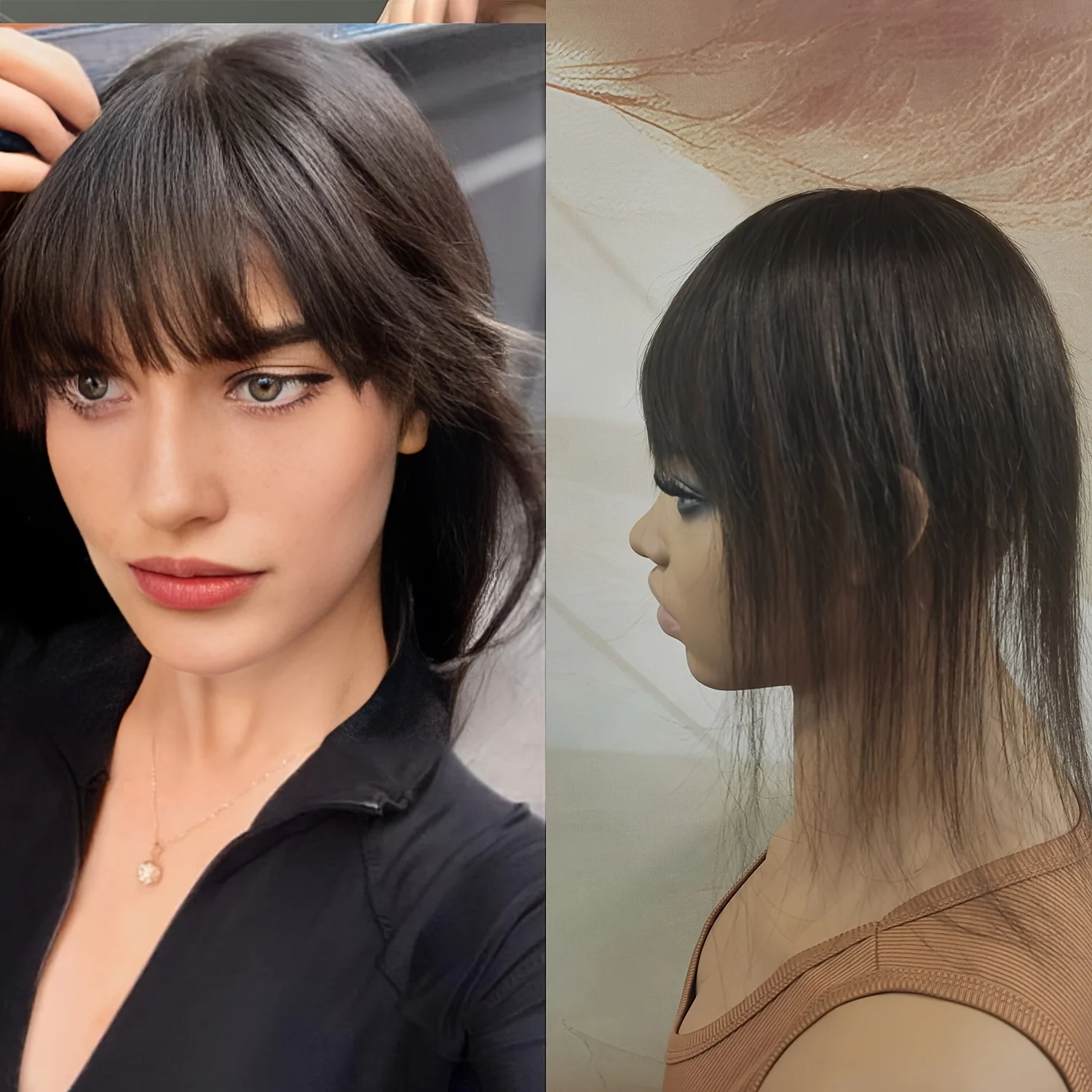 Topper Hair Clip with Bangs, 100% Straight Human Hair Top Hair Wig Piece for Thinning Hair, for Women Clip in Hair Extensions #2