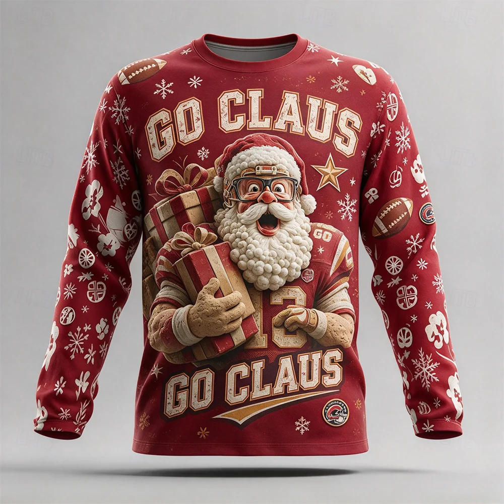 Ugly Xmas Men Long Sleeve T-shirt 3D Vivid Santa Graphic T-shirts Cotton Casual Tee Winter Christmas Party Clothing Gift For Men