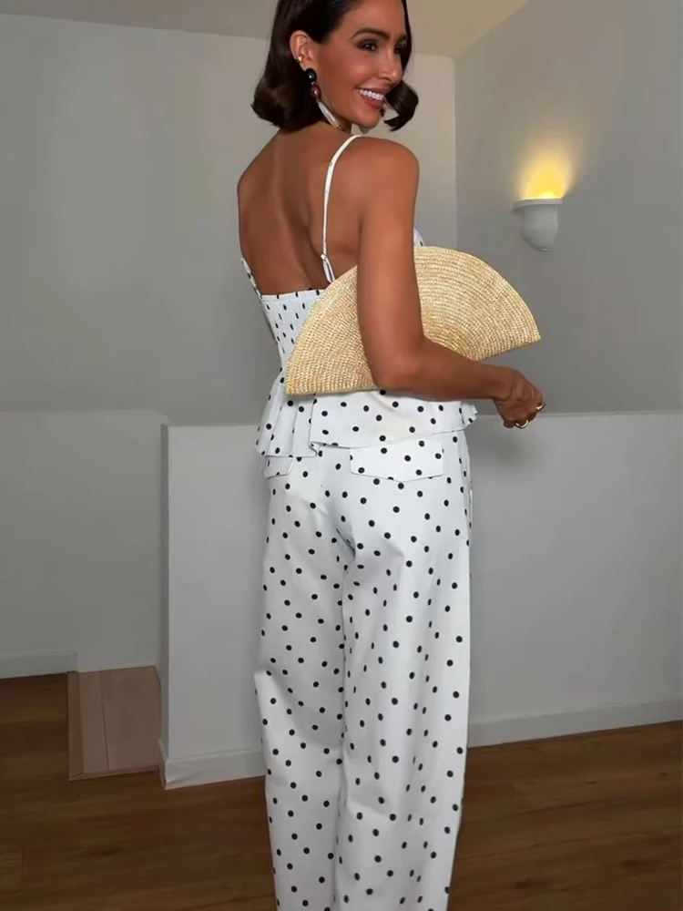 Chic Women Polka Dot Pant 2 Pieces Set Fashion Sleeve Bow Sling Top And Long Trousers Elegant Party Clothing Casual Sets