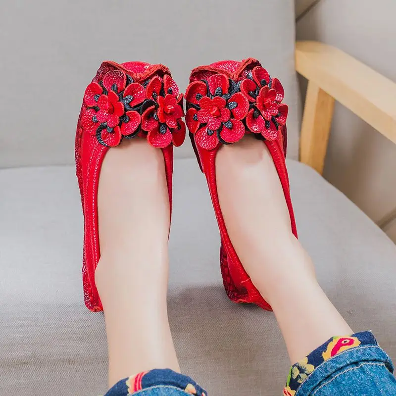 High Quality Retro Floral Ballet Flats Women\'s Shoes New Trend Loafers Ladies Genuine Leather Shoes Woman Sliders Soft Moccasin