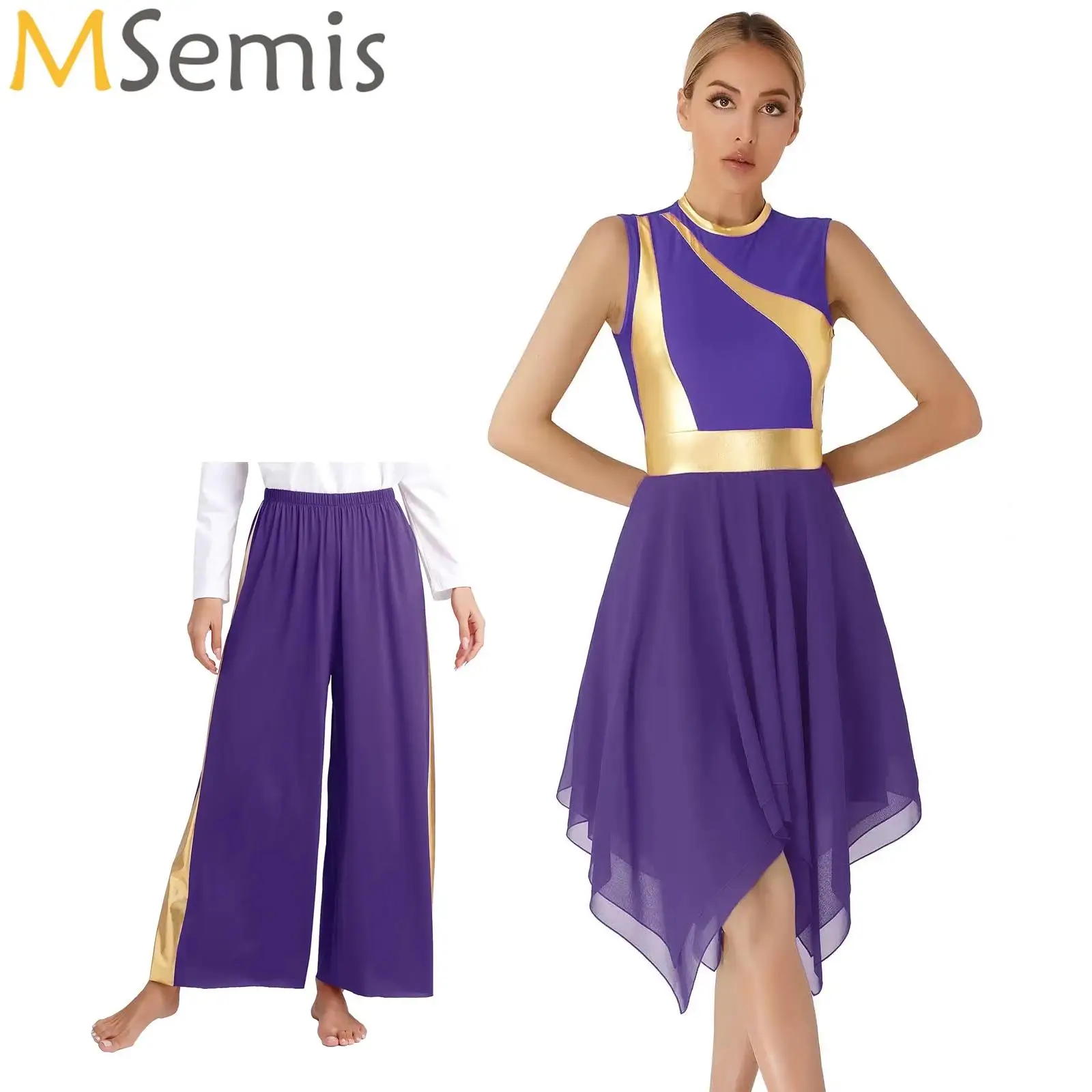 

Modern Ballet Dance Suit for Women Mesh Top Dress Wide Leg Pants 2 Piece Lyrical Dance Outfits Ballerina Adults Stage Costume