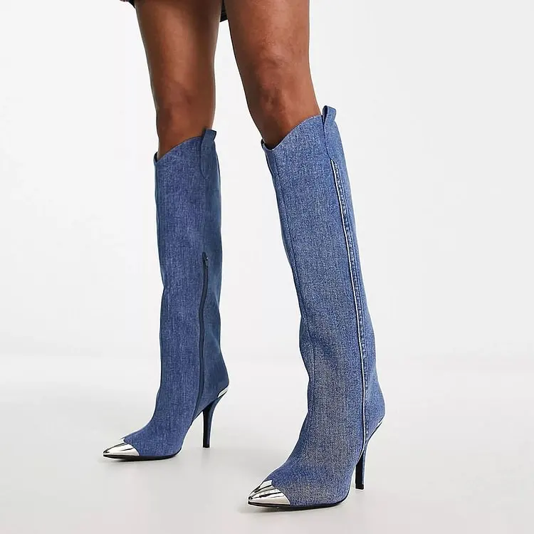 Blue Pointy Stiletto Western Knee High Denim Boots with Metal Tips Fashion Women Sexy Cool Girl Casual Shoes Zip for All Season