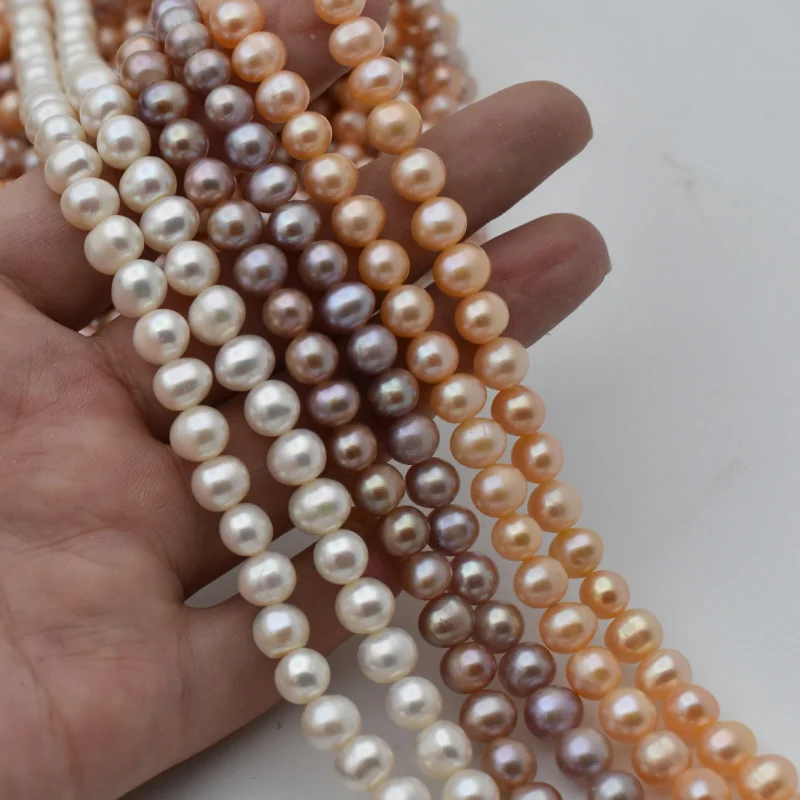 

Natural freshwater pearls with strong luster and smooth surface7-8mmPunch Egg-Shaped Near-Round Bracelet NecklaceDIYSemi-Finishe