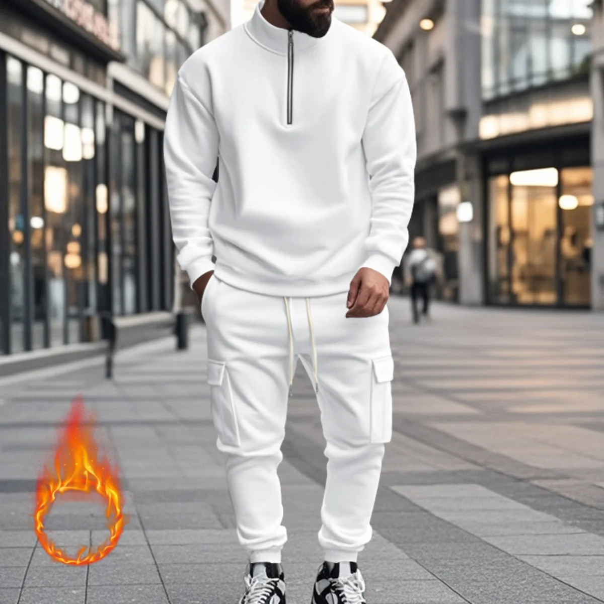 Men's 2025 Autumn/Winter Casual Fleece Half-Zip Standing Collar Sweatshirt And Fashion Street Style Sweatpants Work Pants Set