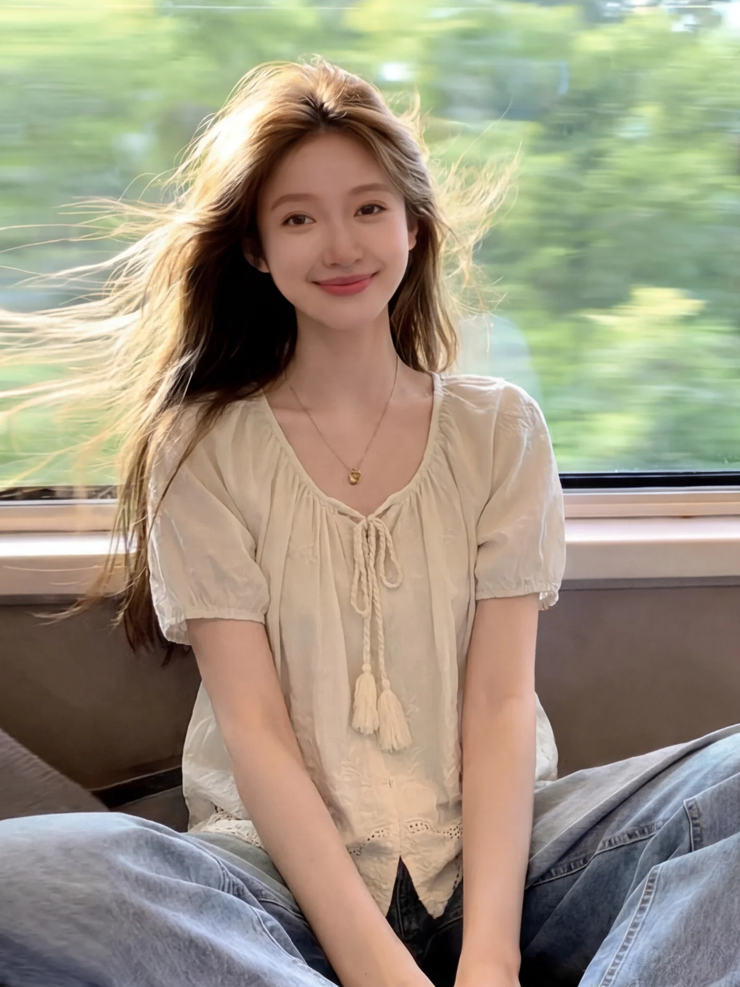 

Korean Style Embroidered Hollow out Bubble Sleeve Shirt Women's Loose Fit Cotton Linen Short Sleeve Top with Belt Summer Slim...