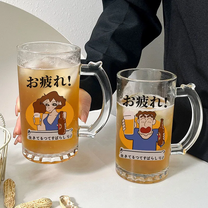 Mug à bière en verre Kawaii Crayon Shin-chan Family, 500 ml, grande capacité, pour bar à domicile, décoration de bureau, cadeaux