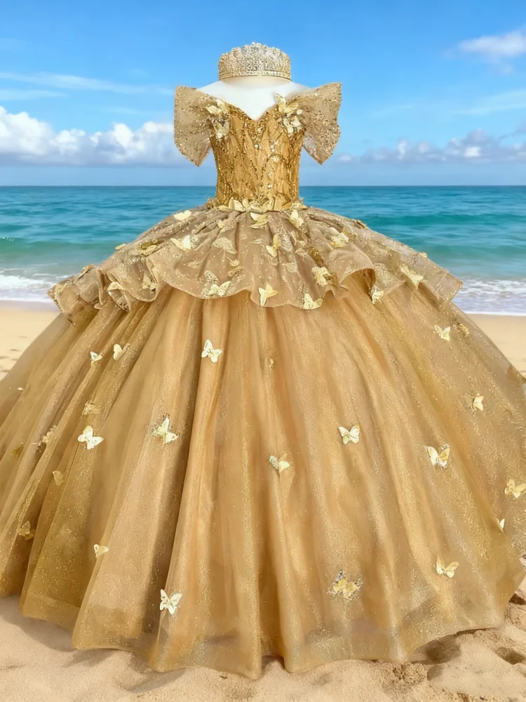 

Golden Butterfly Sequin Flower Girl Dress Children’s First Communion Dress Princess Dress Custom Wedding Party Dress