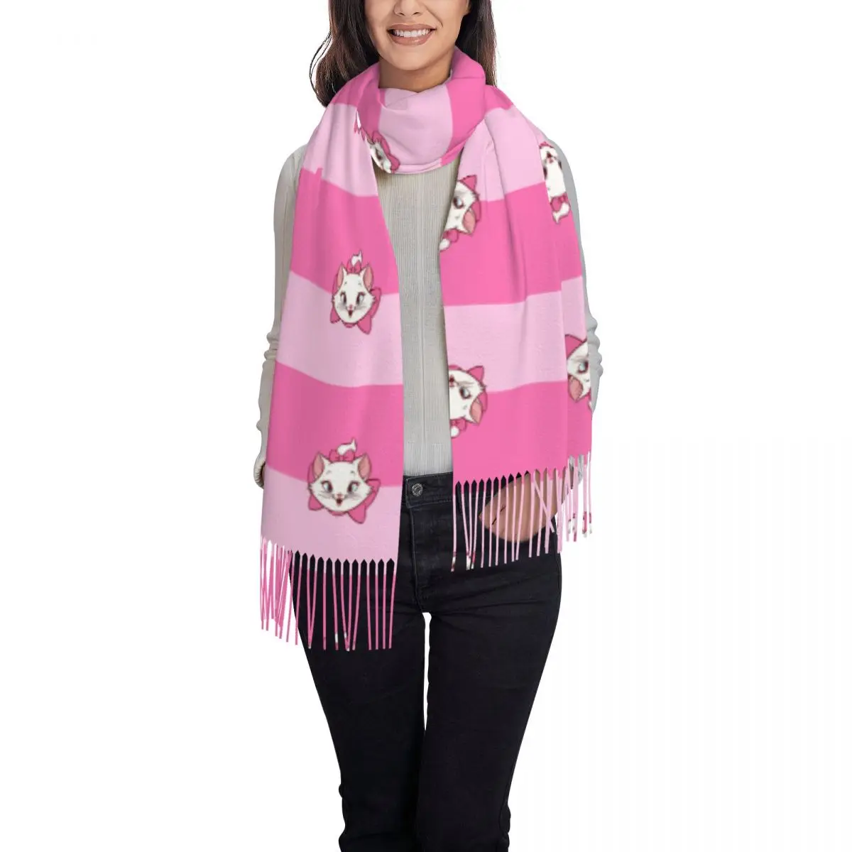 Custom Marie Scarf Wrap for Women Long Winter Fall Warm Tassel Shawl Unisex Cat Manga Scarves