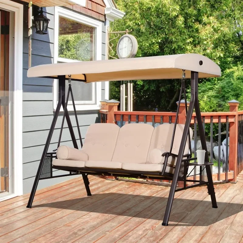 3-Seat Patio Swing Chair, Outdoor Porch Swing Glider with Adjustable Canopy, Removable Cushion, Pillows and Side Trays