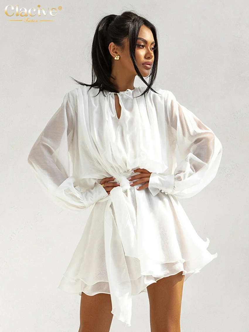 

Clacive Fashion Loose White Women's Dress 2025 Casual O-Neck Long Sleeve Mini Dresses Elegant Classic Pleated Solid Female Dress