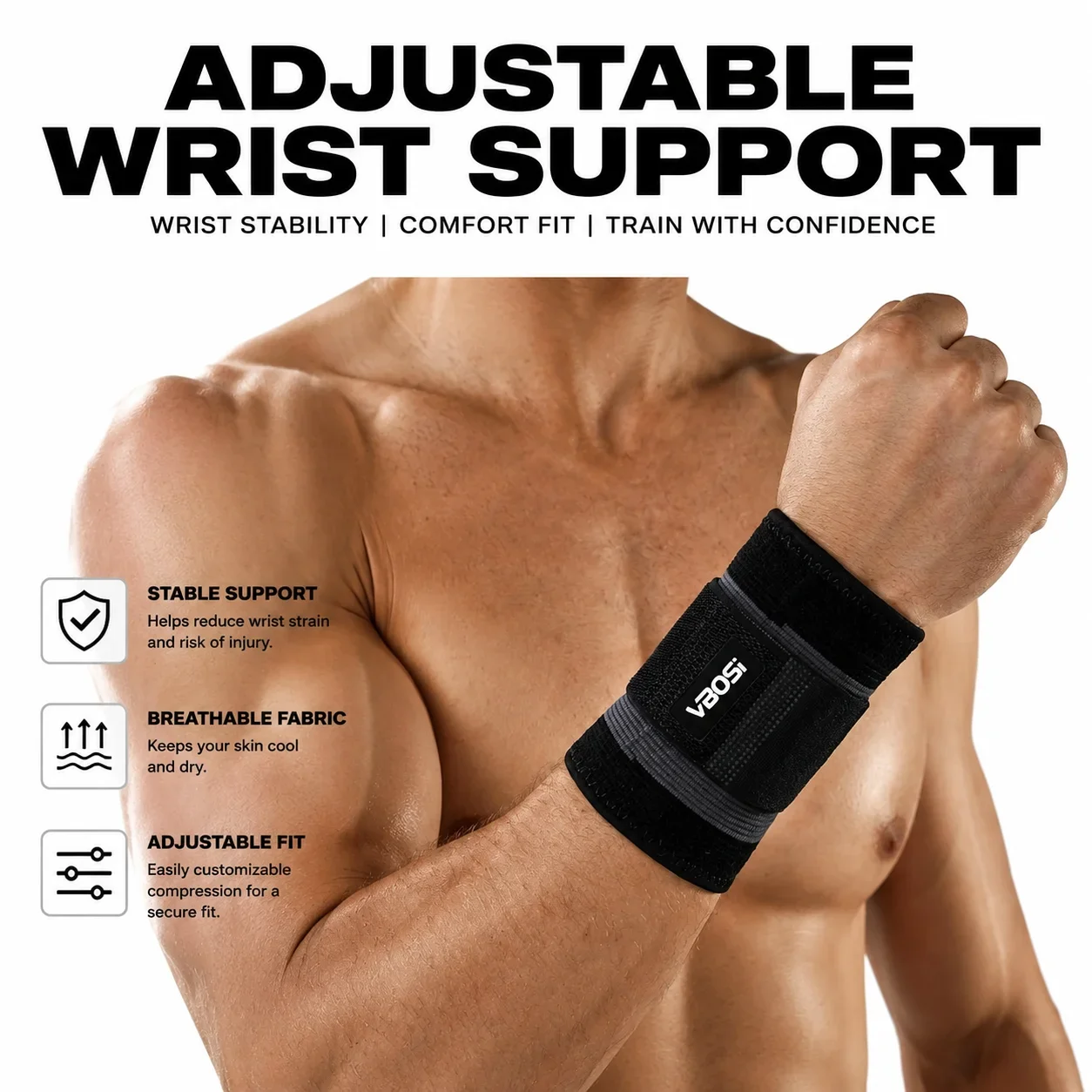 VBOSI Adjustable Wrist Wraps Support Brace Breathable Compression Wristband for Gym Weightlifting Crossfit Workout Pain Relief