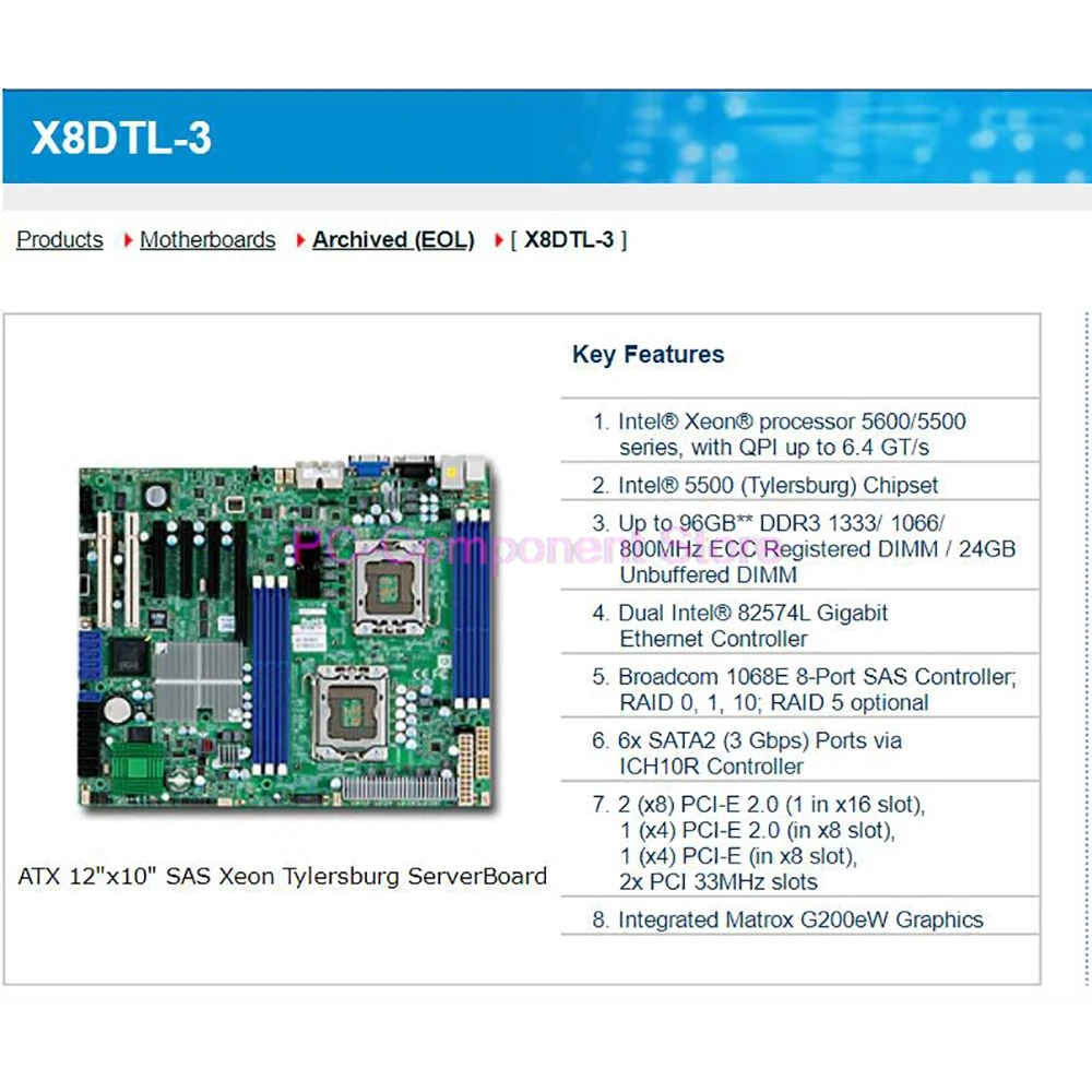 X8DTL-3 For Supermicro Server Motherboard Xeon processor 5600/5500 Series SATA2 PCI-E 2.0 Integrated Matrox G200eW Graphics DDR3