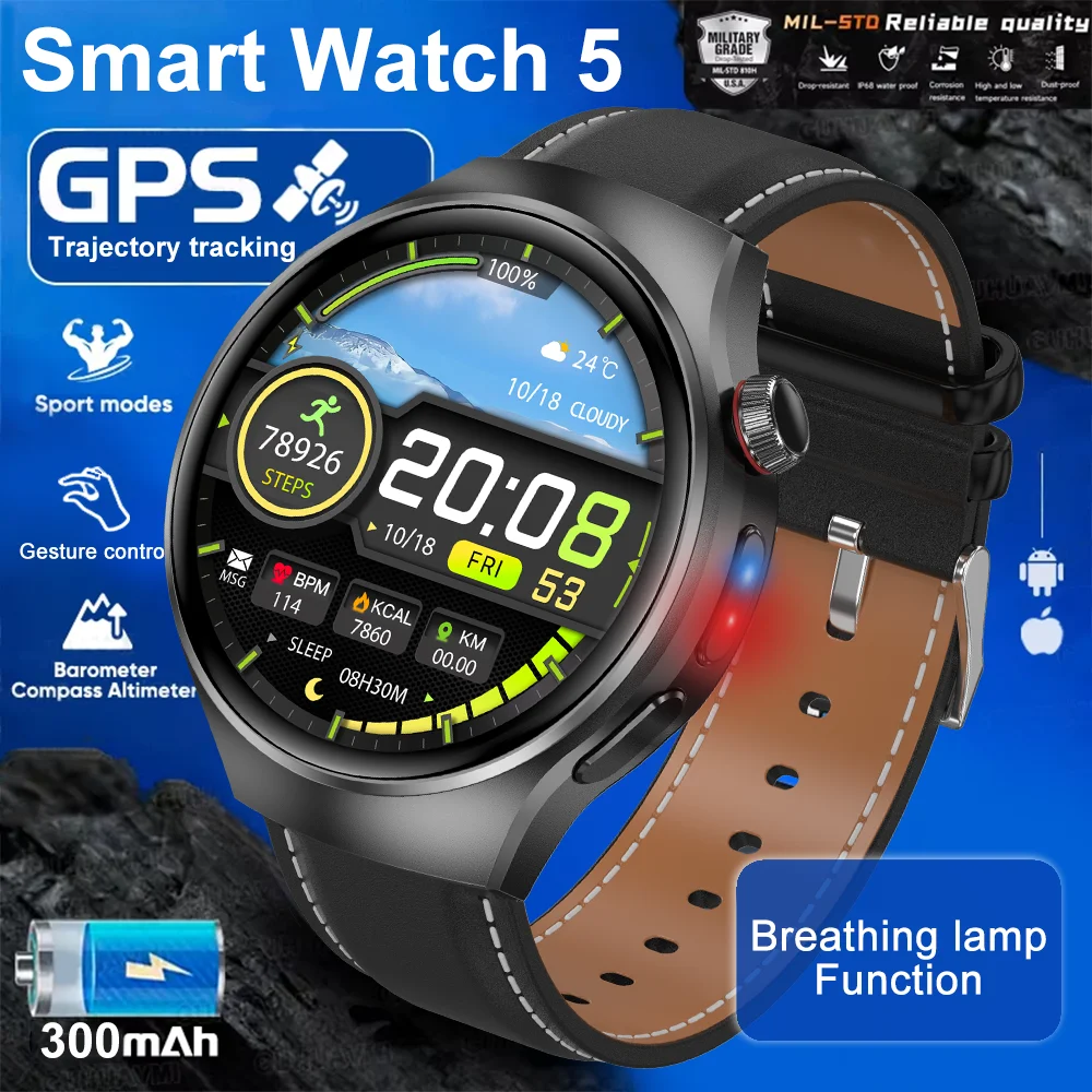 

2025 New Breathing Lamp GPS Smart Watch 5 Waterproof 300mAh Battery Heart Rate Compass Altitude Sports tracker Smartwatch Men