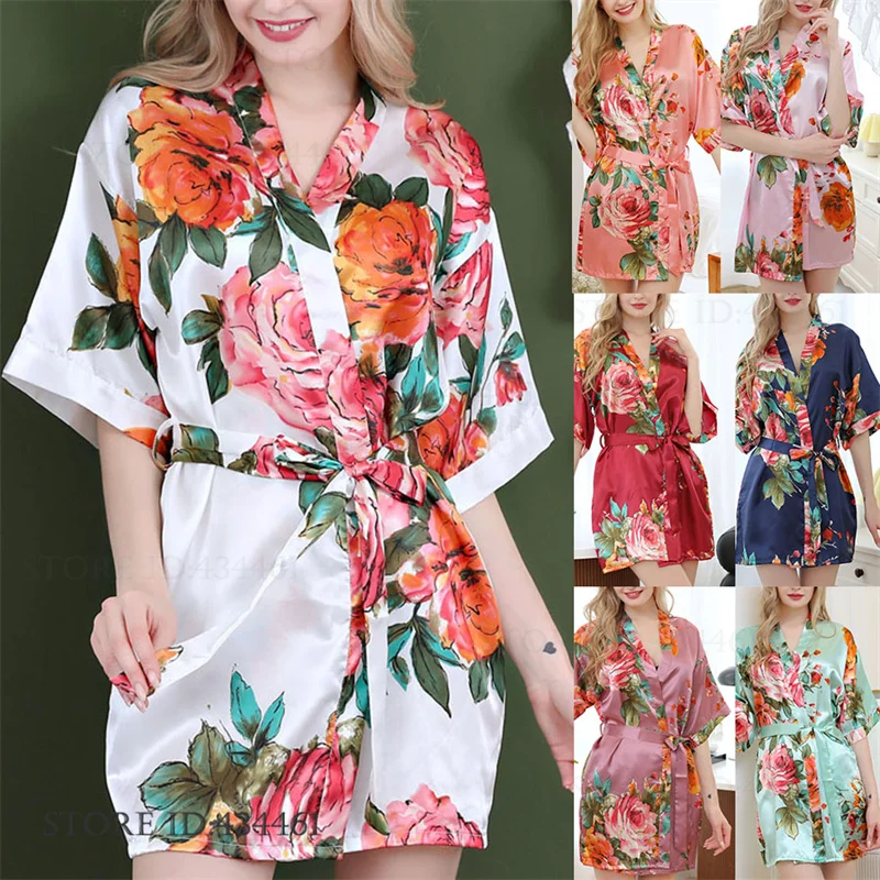 

Print Flower Bride Wedding Robe Dress Nightgown Sexy Short Kimono Bathrobe Gown Sleepwear Spring Summer Loose Homewear Lingerie