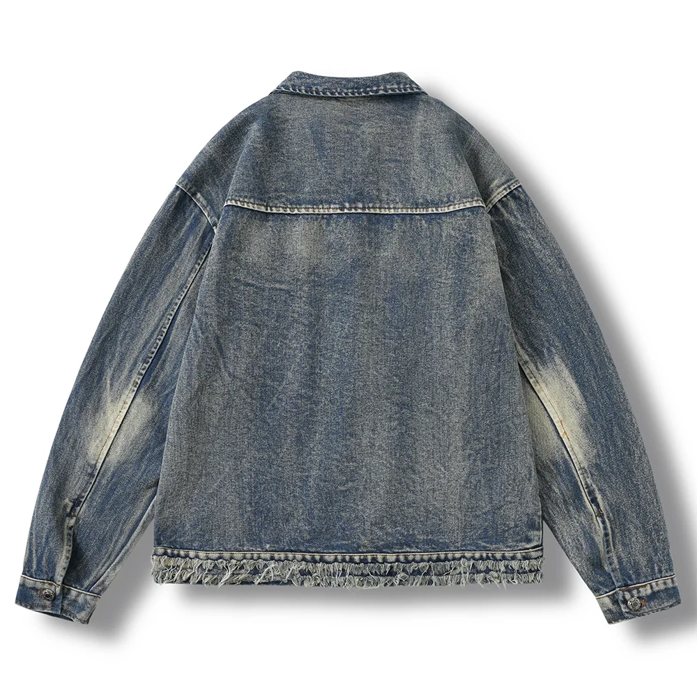 Men's Fringe Denim Jacket Loose Distressed Vintage Blue Cotton Coat Pockets Lapel Collar Long Sleeve Top Outerwear