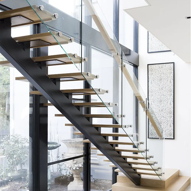 Personalizzazione Scala in legno prefabbricata mono stringer per progetto domestico Scala mono stringer moderna in acciaio dritto in acciaio