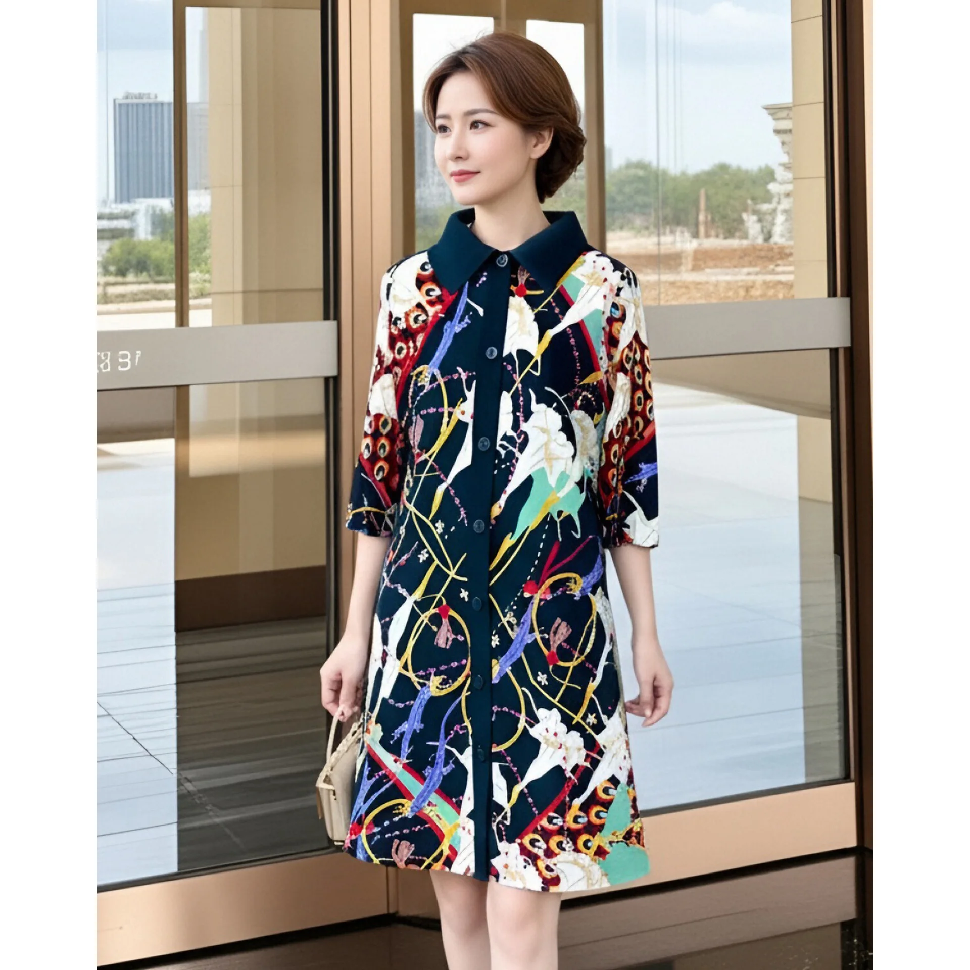 

Miyake Pleated Drape Dress Women 2025 Spring Colorblock Printing Stand Collar 3/4 Sleeve Single-breasted Fashion Shirt Dresses
