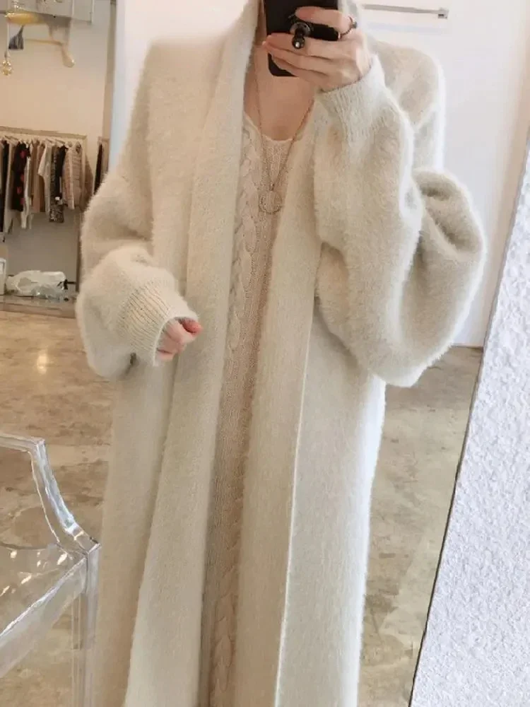 

Korean Solid Long Woman Cashmere Cardigan Coat Sweet Fluffy Long Sleeve Sweater Winter Warm Loose Female Midi Knitted Clothing