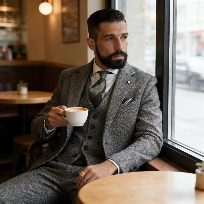

New Men's Gray Herringbone 3-Piece Suit Formal Business Banquet Wedding Party Blazer Vest Trousers British Vintage Suit Set