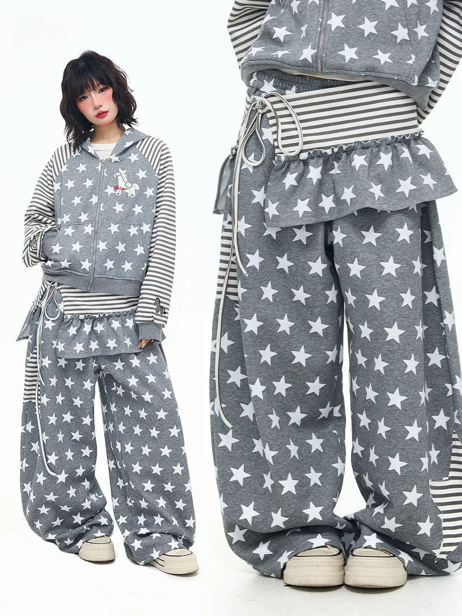 

Женские широкие брюки Sanowers со звездным принтом, съемные, свободные, универсальные, струящиеся, повседневные, асимметричные, в винтажном стиле для работы и отдыха