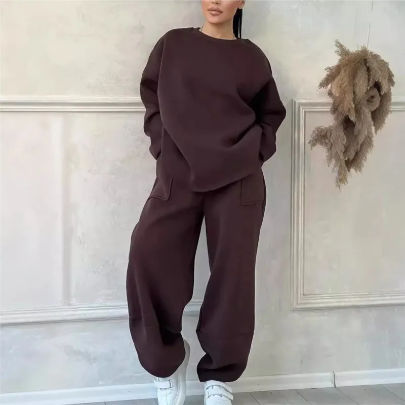 New Women's Casual Loose Sweatshirt 2-piece Sets Autumn Winter Round Neck Long-sleeved Spliced ​​Trousers Sports Two-piece Suits