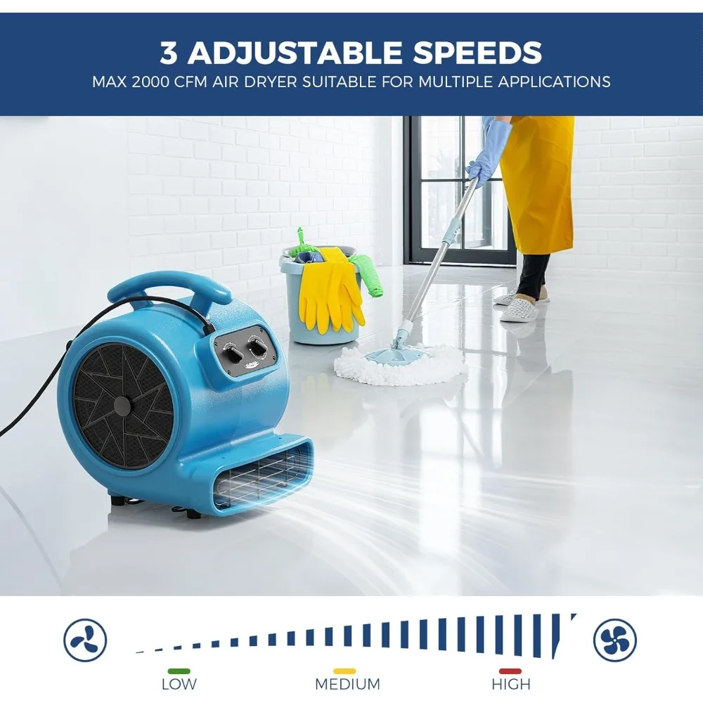 مروحة نفخ محرك الهواء 2000 CFM للصناعة، مروحة تجفيف الأرضية، مجفف السجاد - مؤقت، فلتر، قابل للتكديس، 3 سرعات، 5 Adj