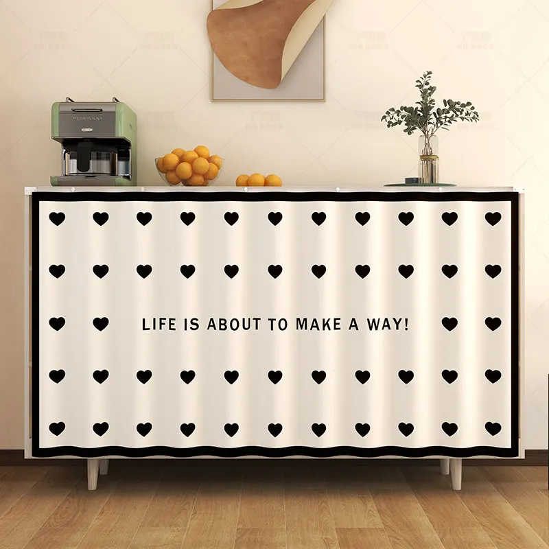 VIKAMA Black Heart Print Cabinet Curtain Privacy Dust Cover for Living Room Sideboard and Open Storage Shelves Home Decoration