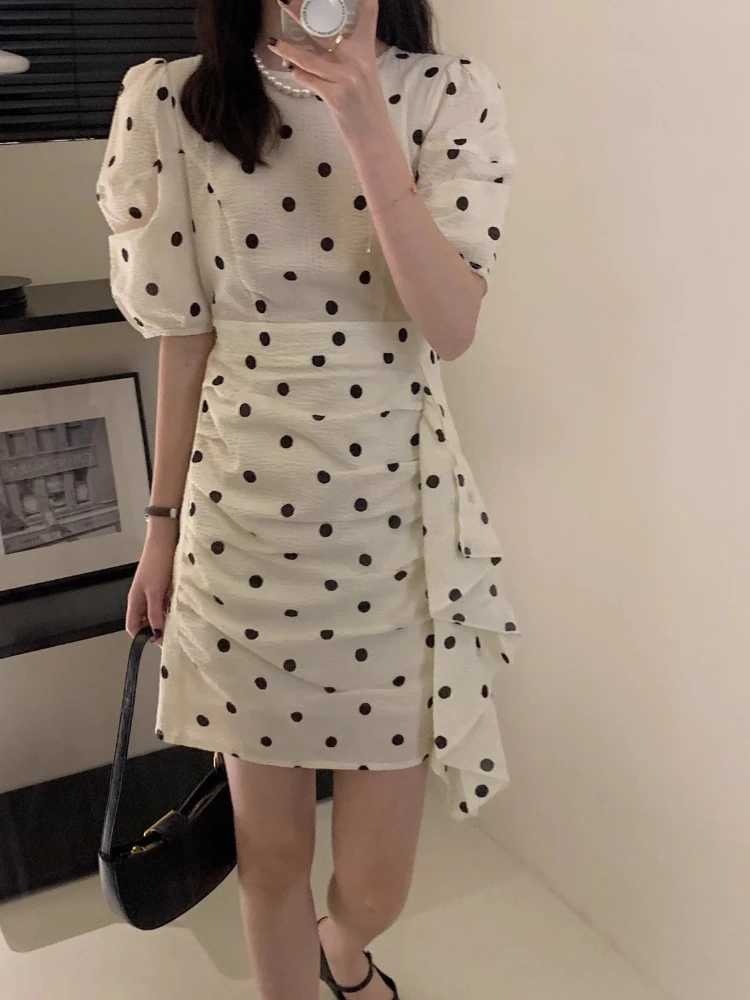 

Korobov Korean Chic Dresses Summer Fashion Round Collar Ruffled Edge Dress Puff Sleeve Bag Hip Polka Dot Dress Female Vestidos