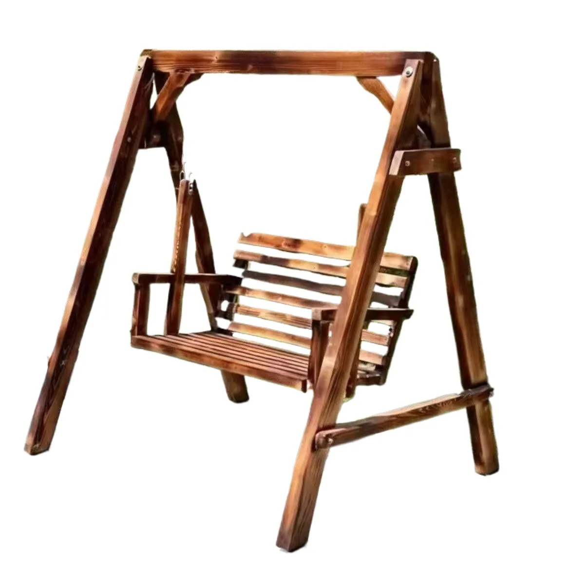 Outdoor Double Swing, Carbonized Wood Porch Swing for Garden Patio, 2-Seater Adult Yard Rocking Chair, Durable Outdoor Furniture