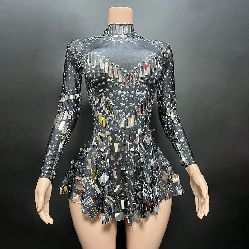 Sparkling Beaded Sequin Diamond Short Party Prom Dress Elegant Slim Fit Long Sleeves High Neck  Mini Cocktail Dress